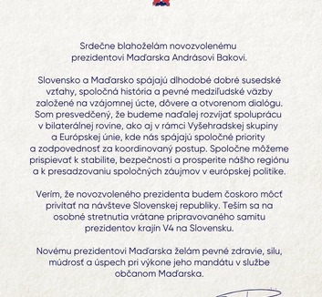 A szlovák államfő gratulált Baka Andrásnak köztársasági elnökké választásához - illusztráció